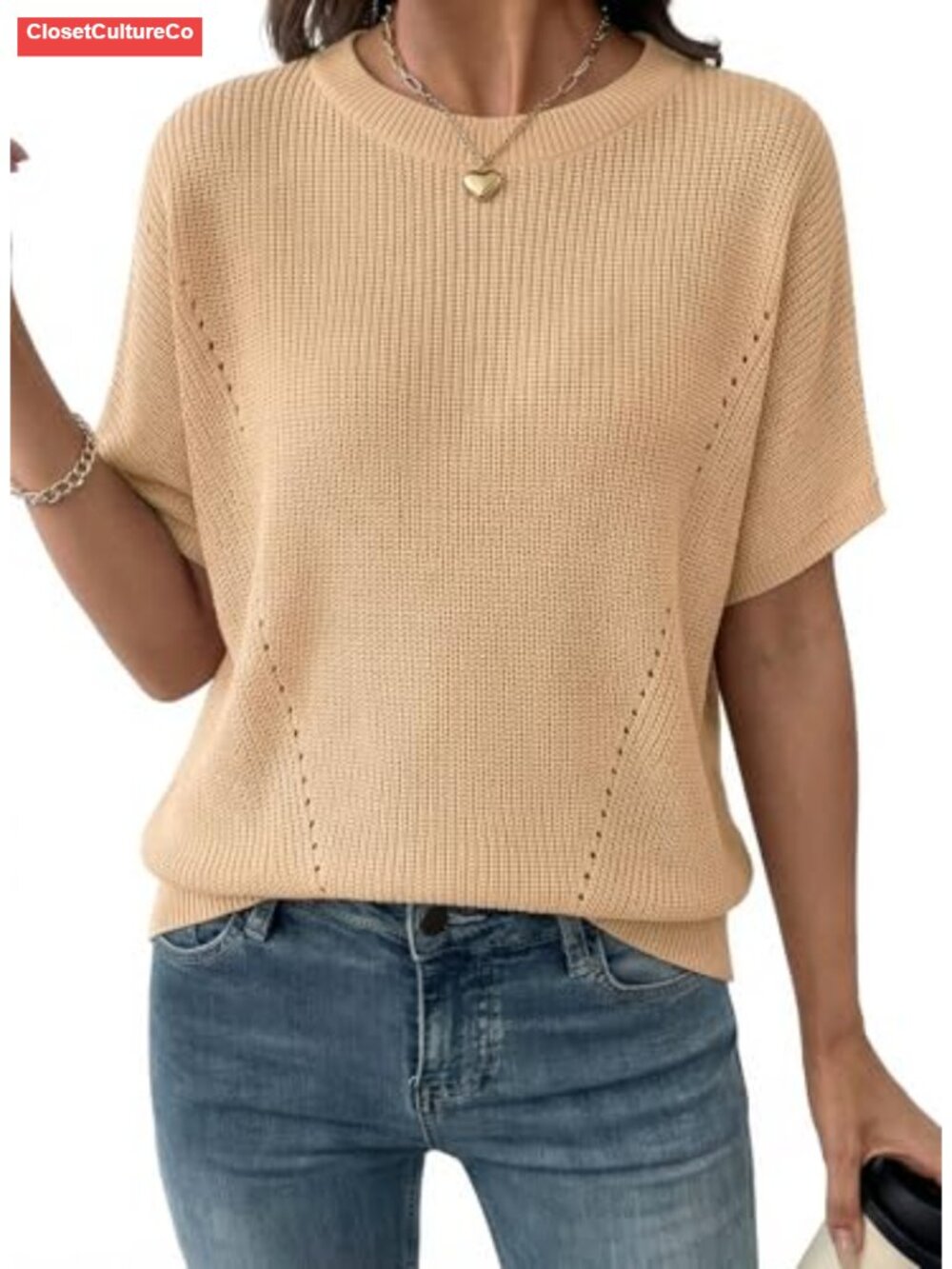 Short Sleeve Rib-Knit Sweater Loose Fit V Neck Pullover Top
